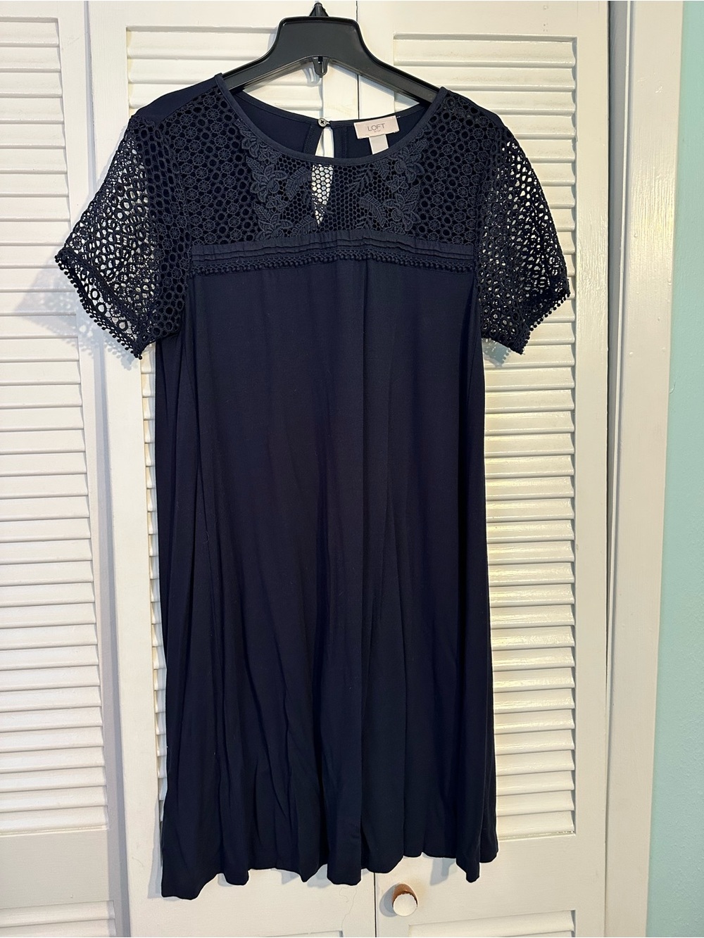 LOFT Navy Crochet Yoke Mini Dress